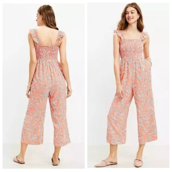 LOFT Pants - NWT LOFT Leaf Dot Smocked Ruffle Strap Wide Leg Jumpsuit Orange Wht Blk Medium